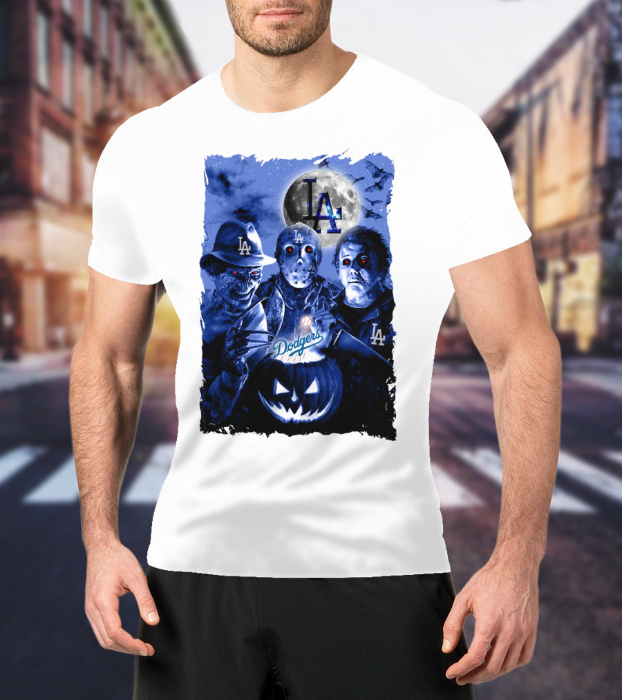 Los Angeles Dodgers Horror Icons Halloween Moon T-Shirt