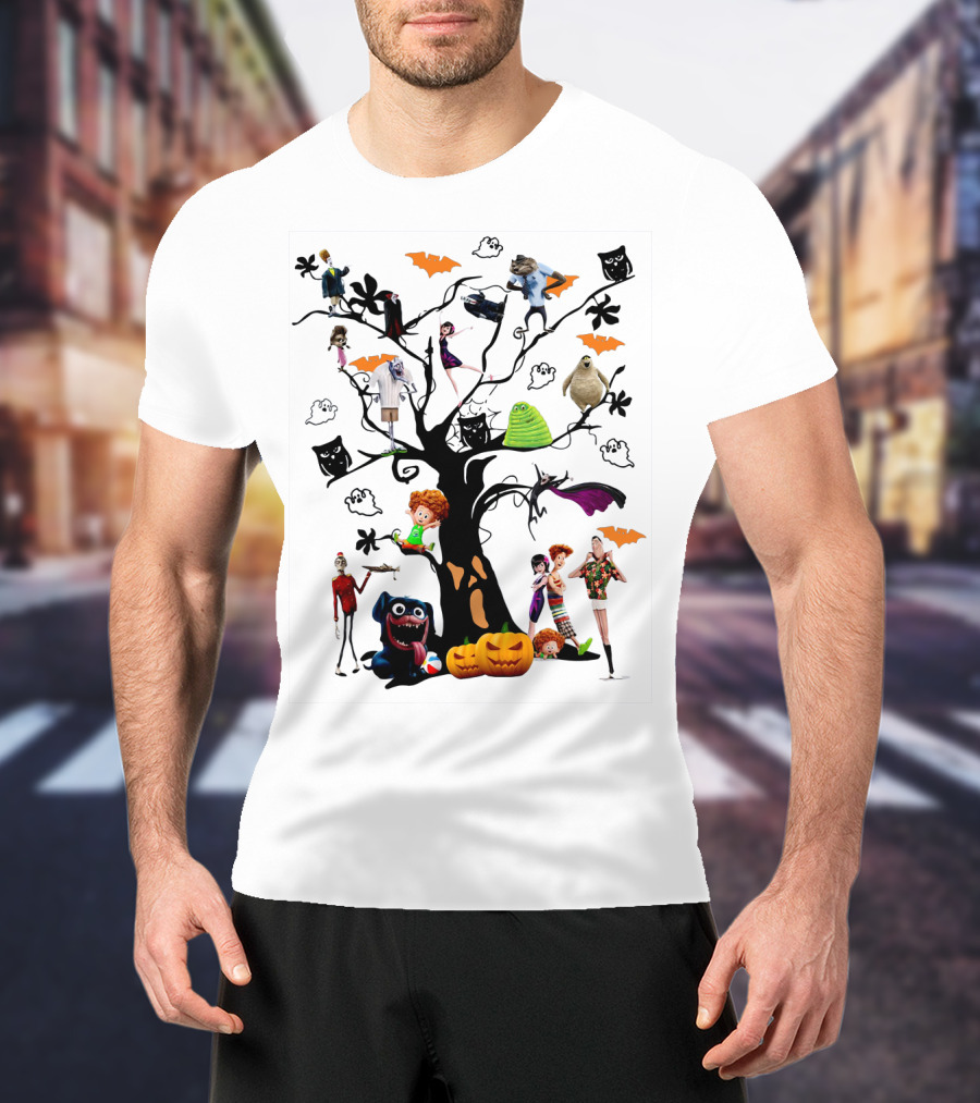 Hotel Transylvania 3 Halloween Tree Characters And Symbols With Pumpkins And Bats T-Shirt