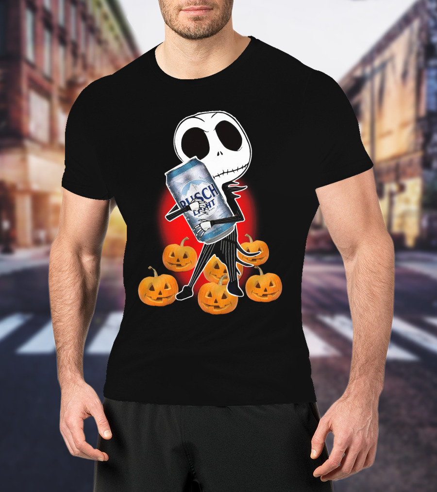Jack Skellington Busch Light Hug Surrounded By Pumpkins Halloween T-Shirt