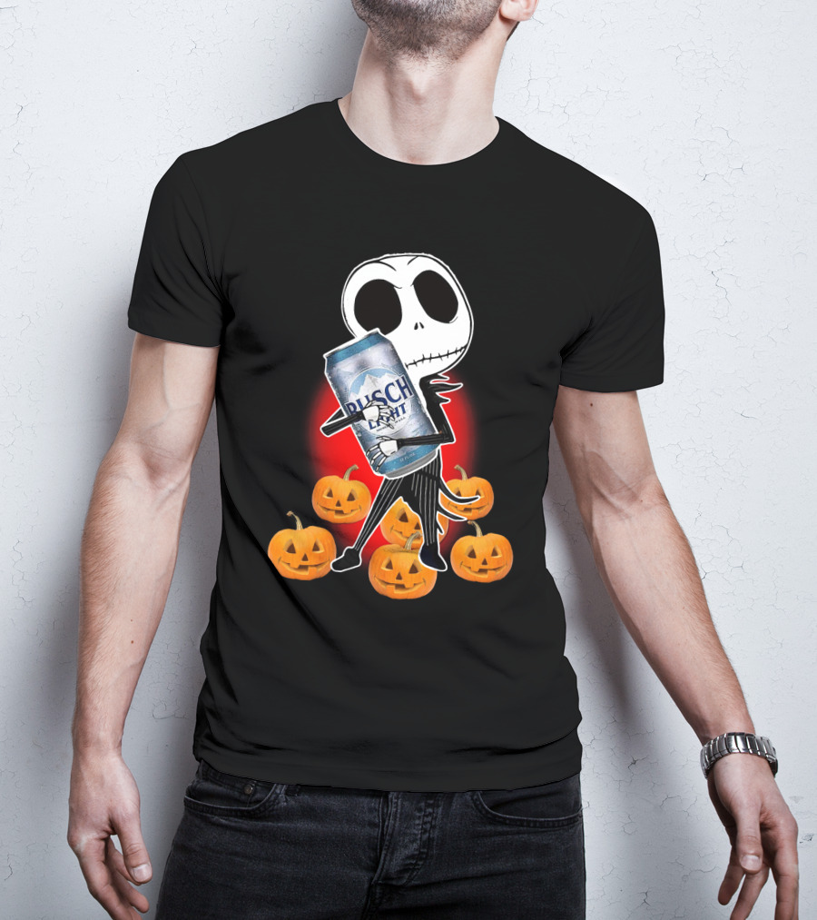 Jack Skellington Busch Light Hug Surrounded By Pumpkins Halloween T-Shirt