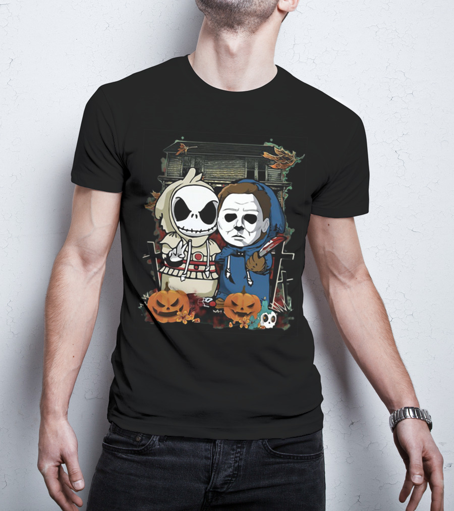 Jack Skellington And Michael Myers Halloween Crossover With Haunted House And Pumpkins T-Shirt