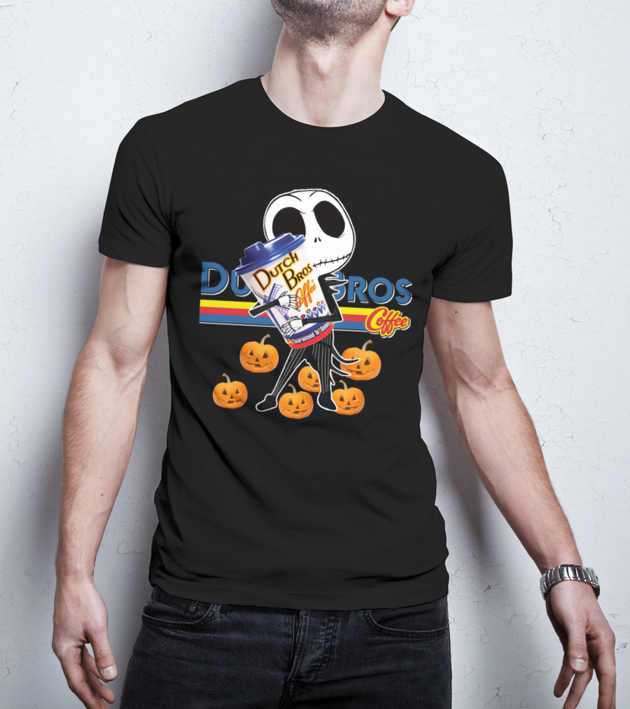 Jack Skellington Holding Dutch Bros Coffee Cup Surrounded By Pumpkins T-Shirt