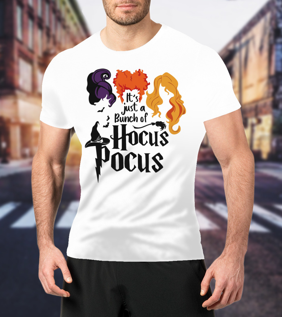 Hocus Pocus It's Just A Bunch Of Witch Hair Silhouettes With Hats And Bats T-Shirt