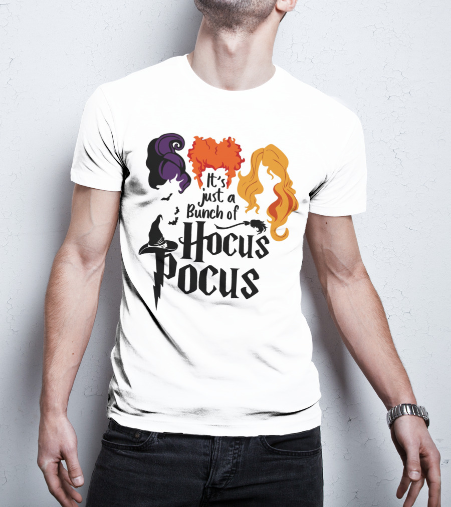 Hocus Pocus It's Just A Bunch Of Witch Hair Silhouettes With Hats And Bats T-Shirt