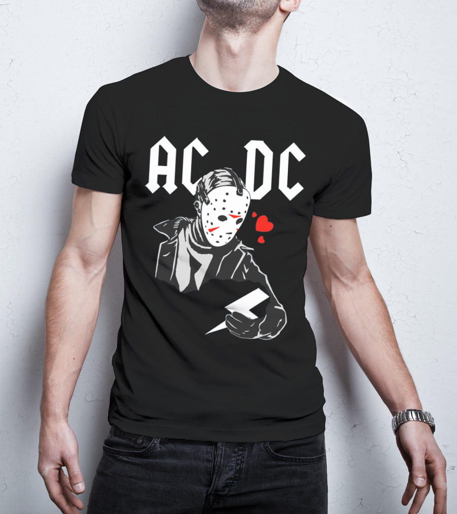 Acdc Jason Voorhees Mask Holding Lightning Bolt With Hearts T-Shirt