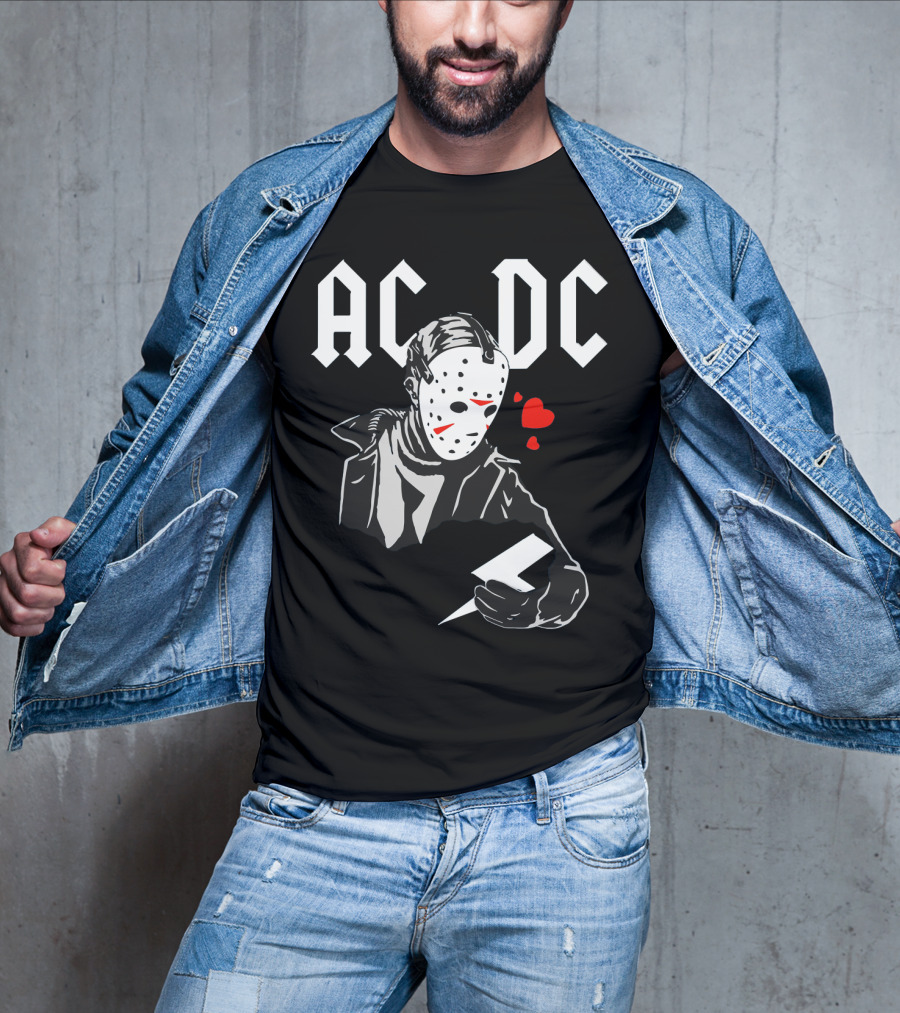 Acdc Jason Voorhees Mask Holding Lightning Bolt With Hearts T-Shirt