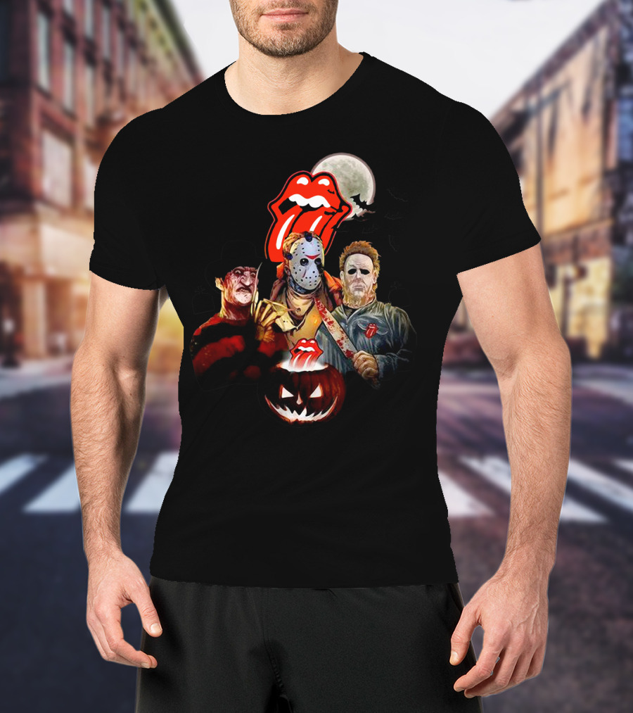 Michael Myers Voorhees Freddy Horror Mashup Halloween Moon Pumpkins Bats Tongue T-Shirt