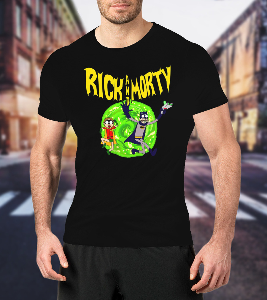 Rick And Morty In Batman Costumes With Portal Gun And Swirling Green Portal T-Shirt