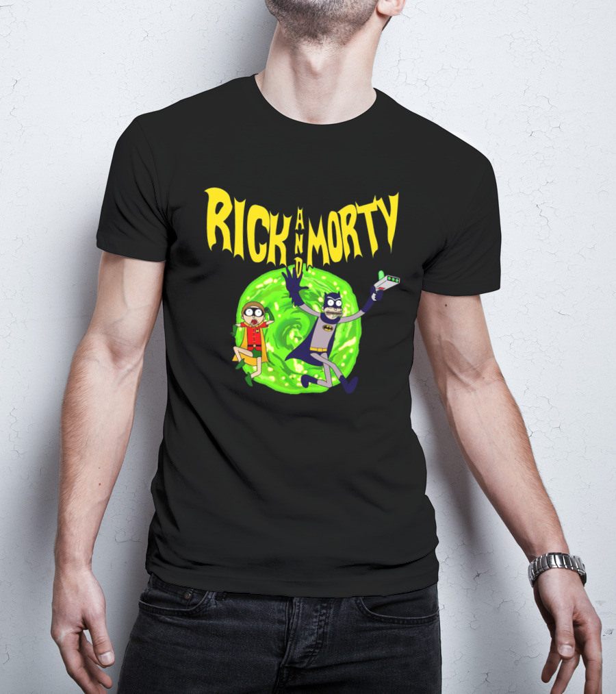 Rick And Morty In Batman Costumes With Portal Gun And Swirling Green Portal T-Shirt