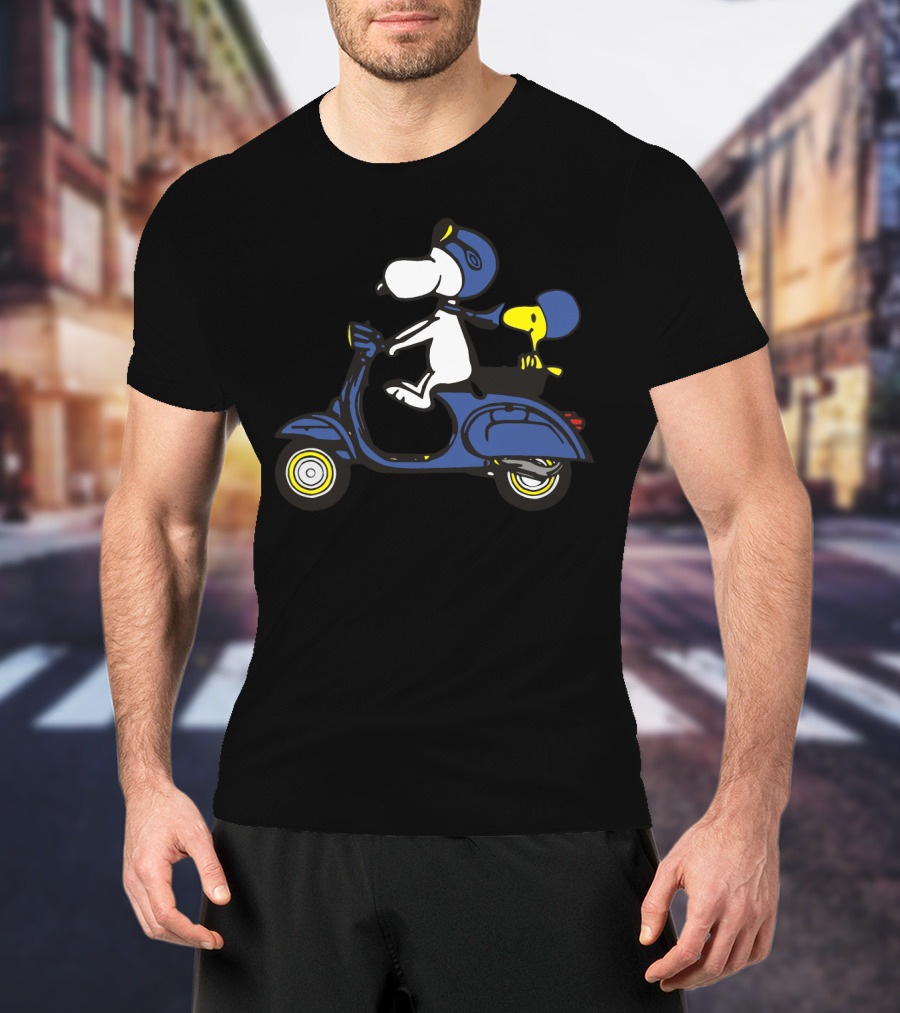 Snoopy And Woodstock Riding Blue Vespa With Helmets T-Shirt