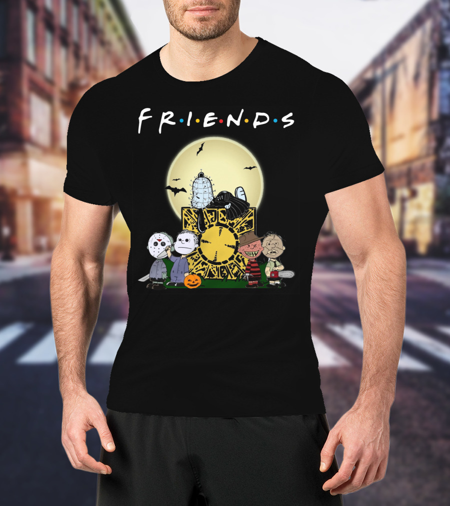 Friends Peanuts Horror Movie Characters Crossover Featuring Iconic Monsters And Symbols T-Shirt