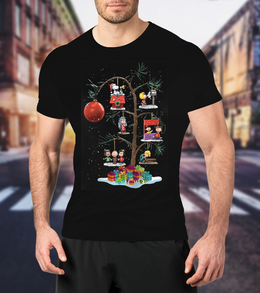Peanuts Christmas Tree With Snoopy Lucy Charlie Brown And Woodstock Ornaments T-Shirt