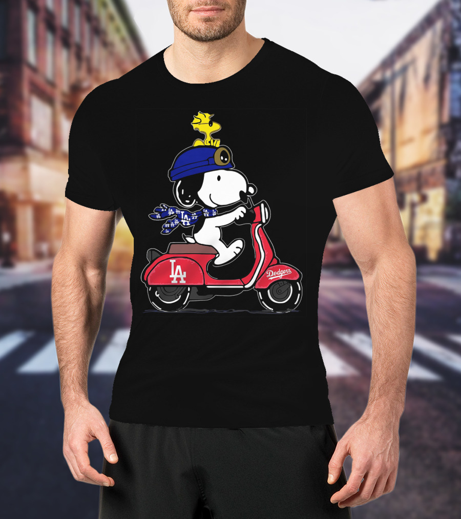 Snoopy Riding Vespa Los Angeles Dodgers Mascot With Woodstock T-Shirt