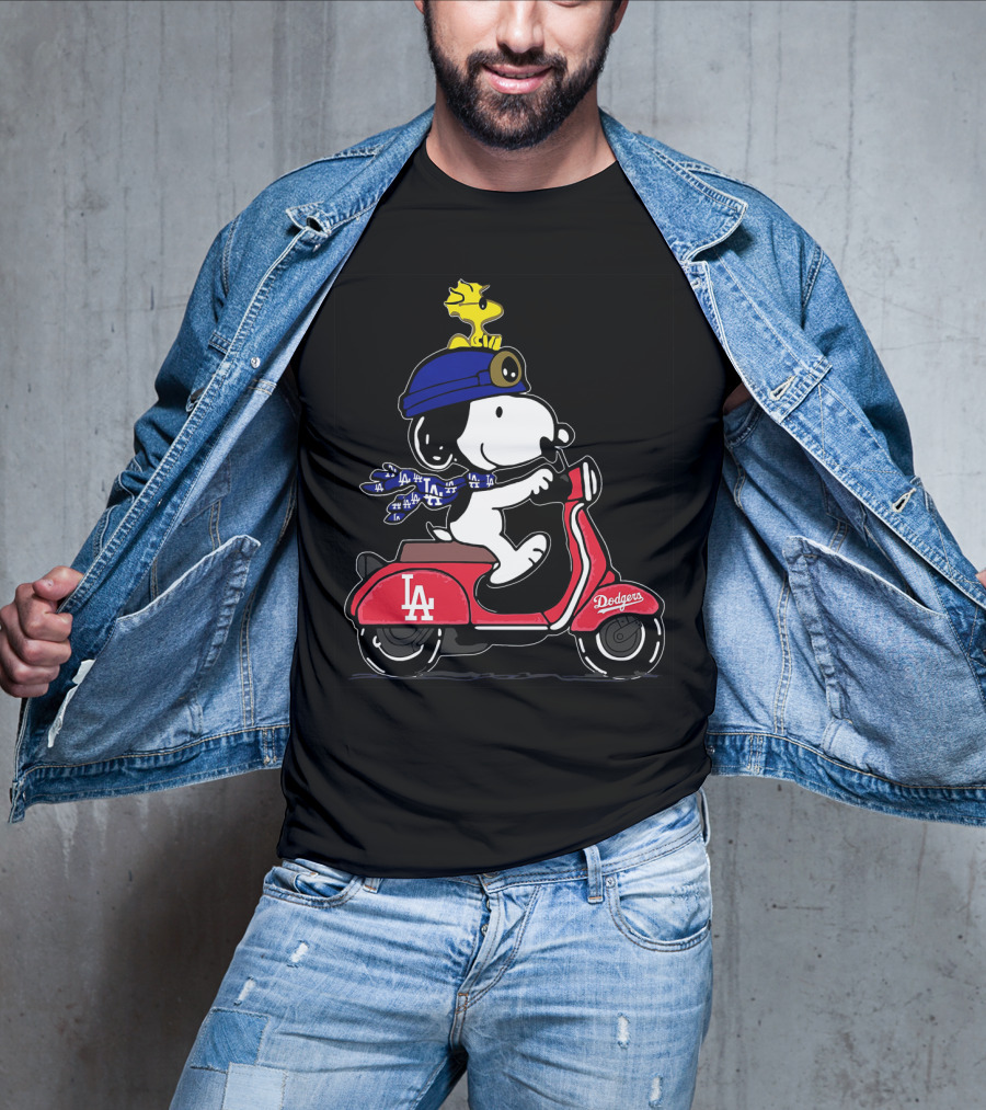 Snoopy Riding Vespa Los Angeles Dodgers Mascot With Woodstock T-Shirt