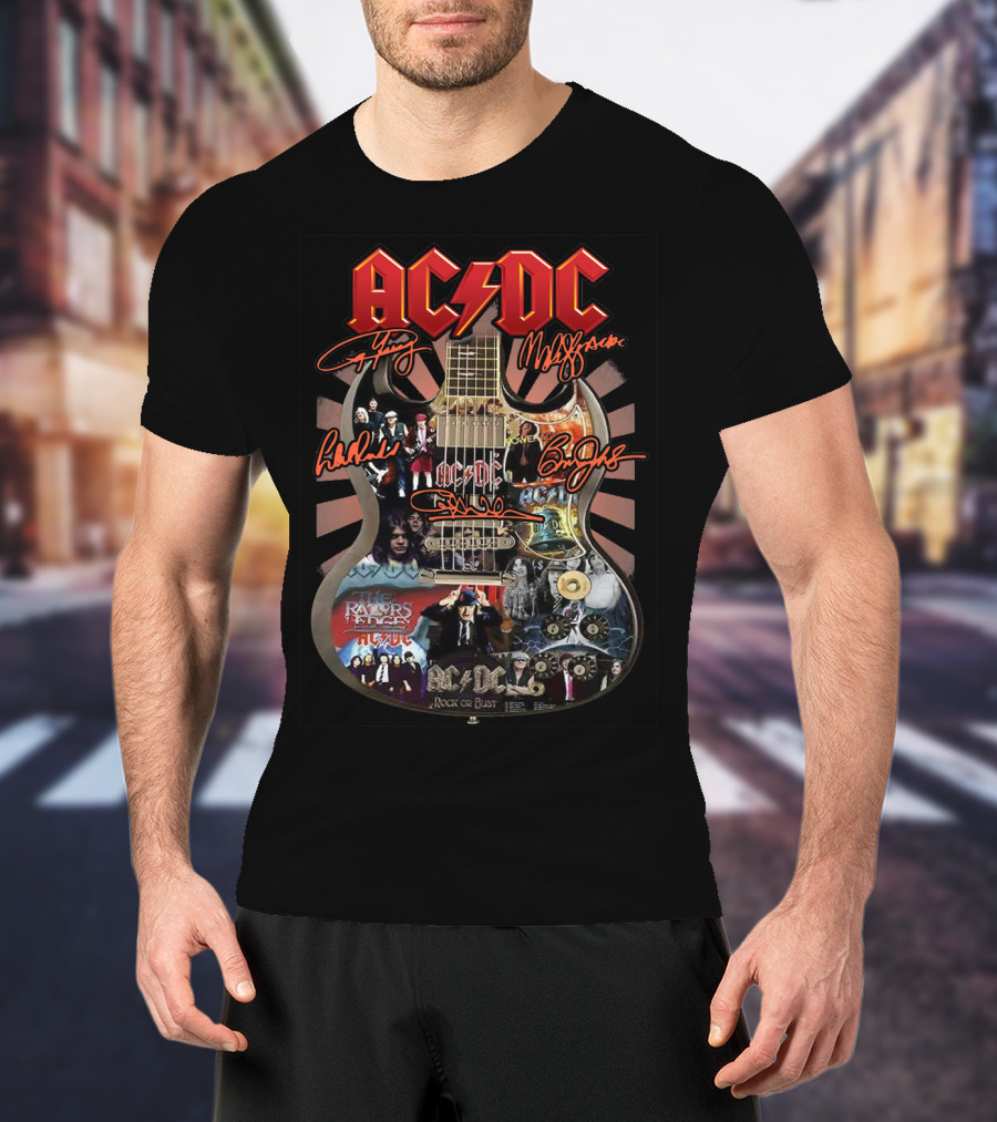 Ac Dc Rock Or Bust Collage Guitar With Autographs And Album Covers T-Shirt