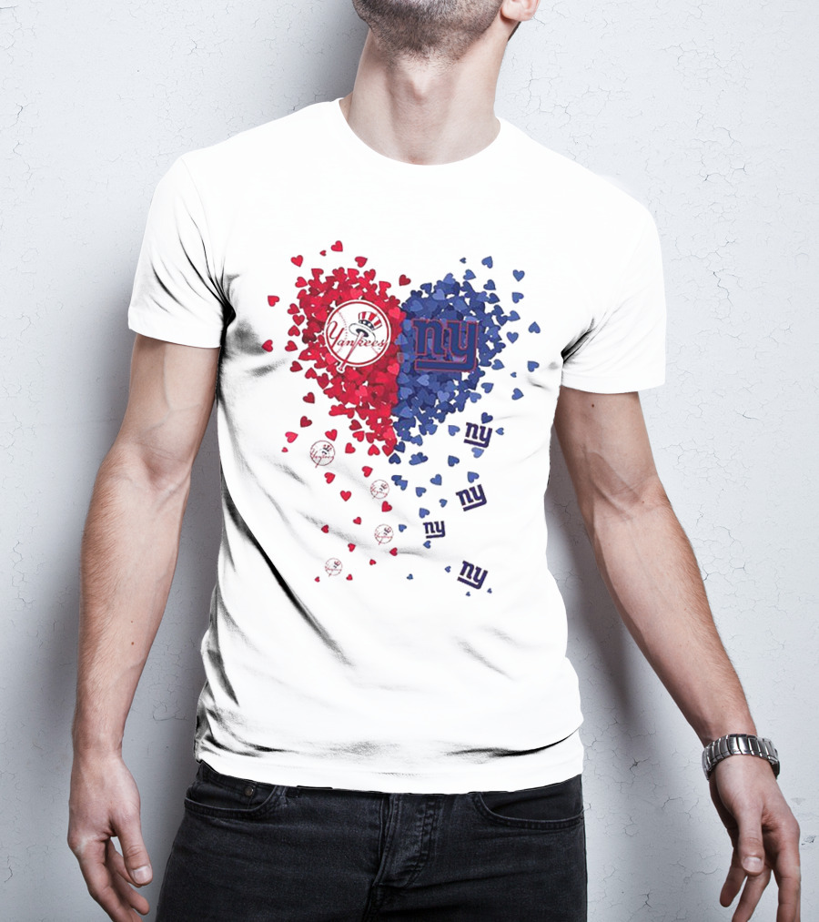 New York Yankees Giants Heart Shaped Logos With Red And Blue Hearts T-Shirt