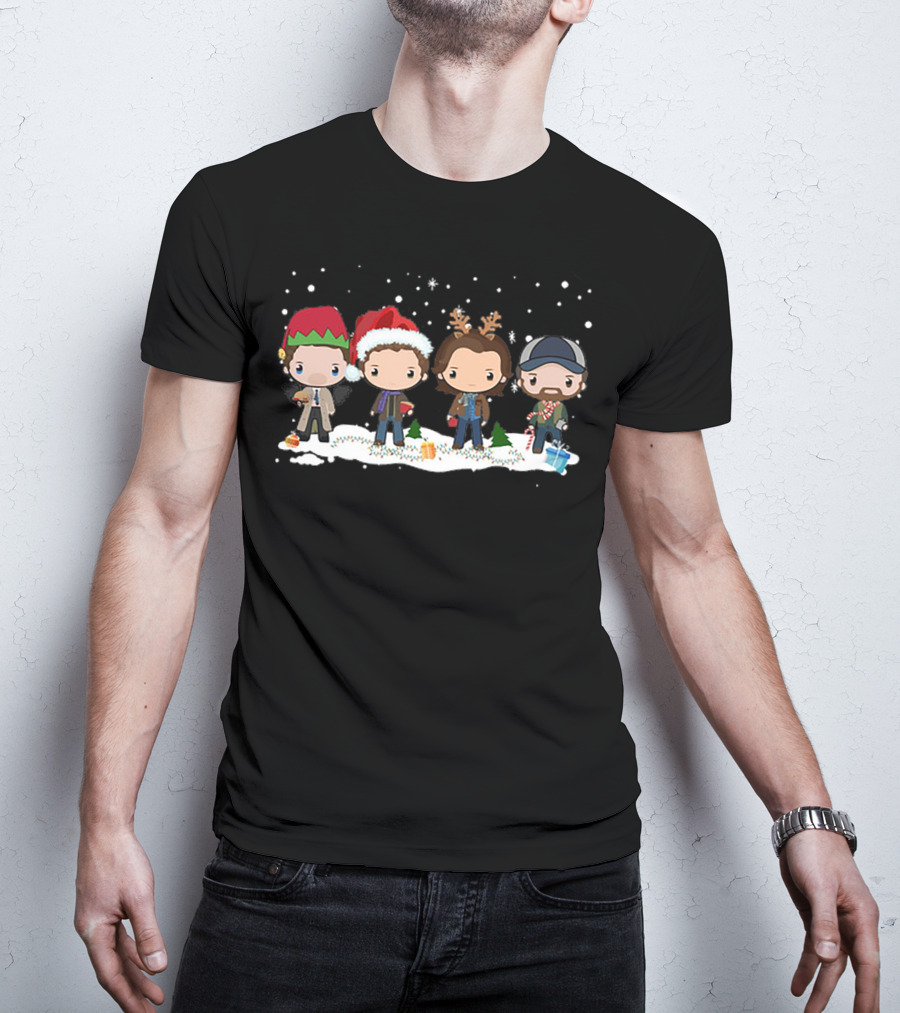 Supernatural Holiday Chibi Characters With Christmas Hats And Snow Scene T-Shirt