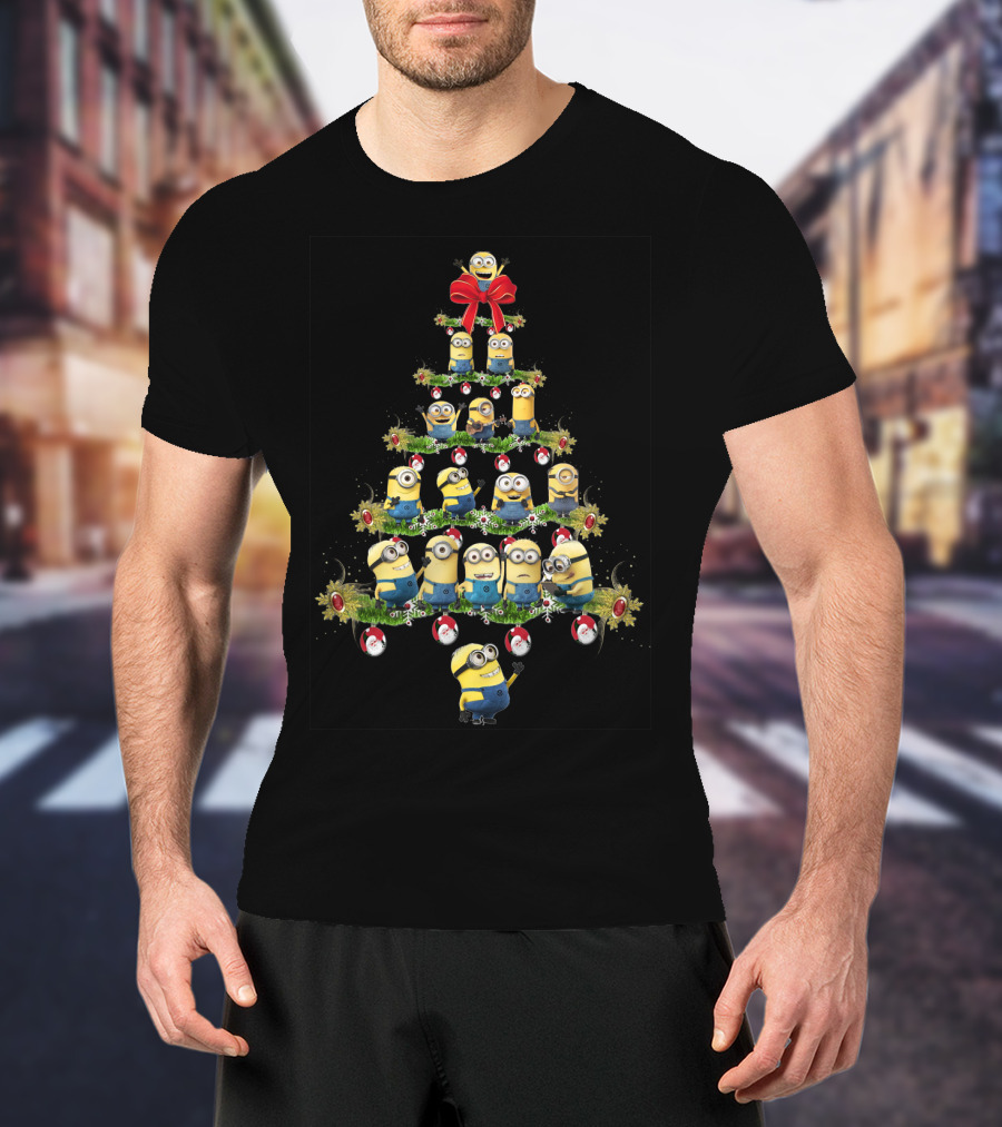 Minions In A Christmas Tree Formation With Festive Decorations T-Shirt