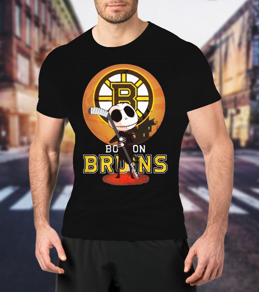 Boston Bruins Jack Skellington Holding Hockey Stick T-Shirt