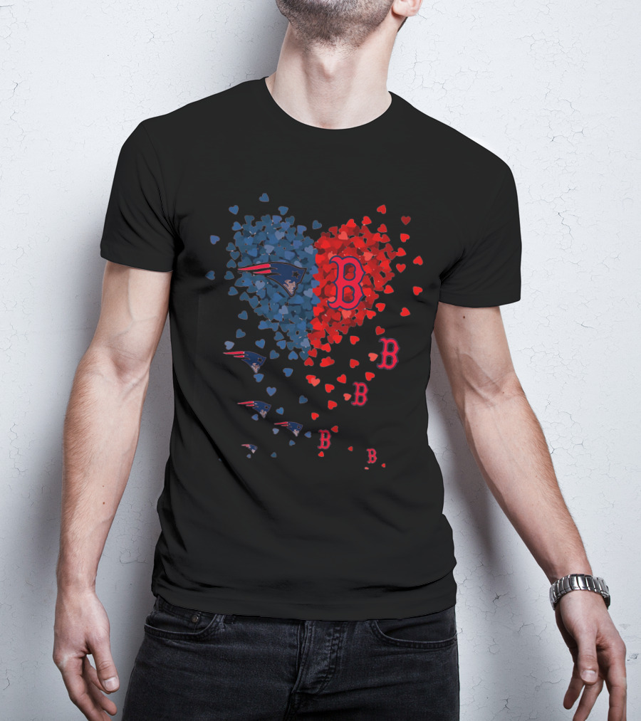 I Love New England Patriots Hearts Boston Red Sox Hearts T-Shirt
