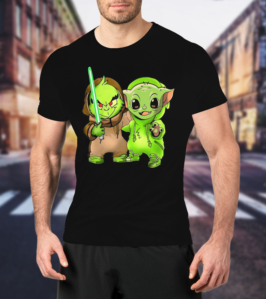 Baby Yoda And Baby Grinch Lightsaber Duo T-Shirt