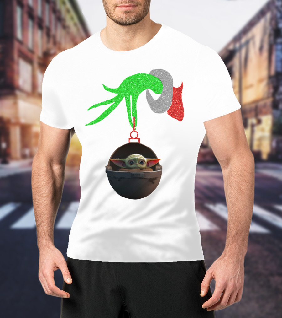 Grinch Hand Glitter Holding Baby Yoda T-Shirt