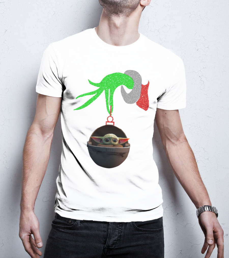 Grinch Hand Glitter Holding Baby Yoda T-Shirt