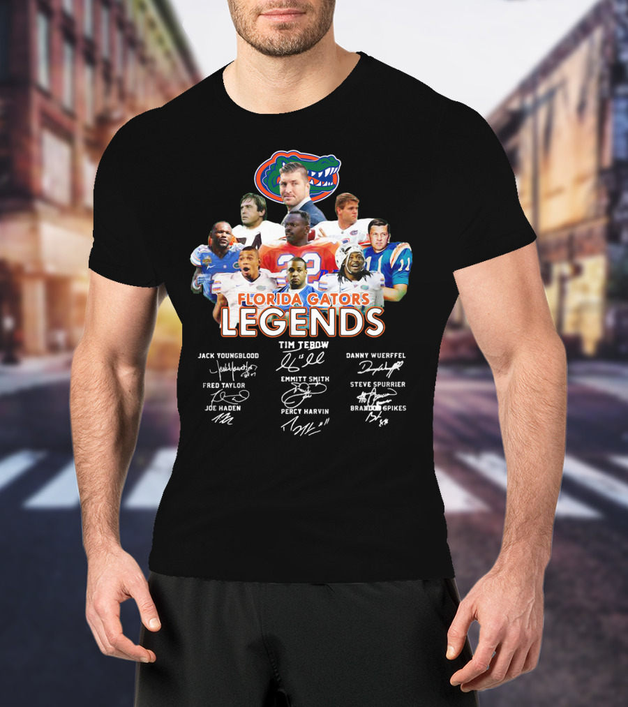 Florida Gators Legends Jack Youngblood Tim Tebow Danny Wuerffel Fred Taylor Emmitt Smith Steve Spurrier Joe Haden Percy Harvin Brandon Spikes T-Shirt