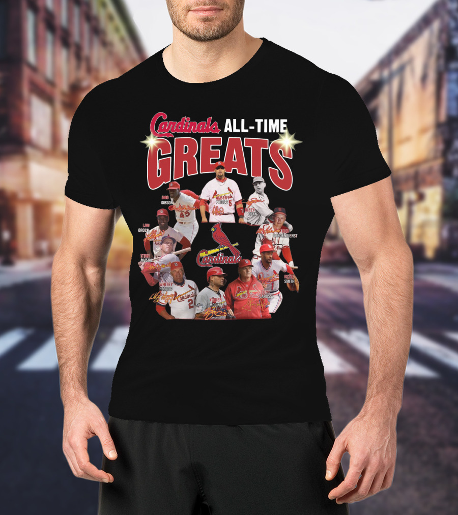 Cardinals All-Time Greats Legends Bob Gibson Lou Brock Stan Musial Ozzie Smith Tony La Russa T-Shirt