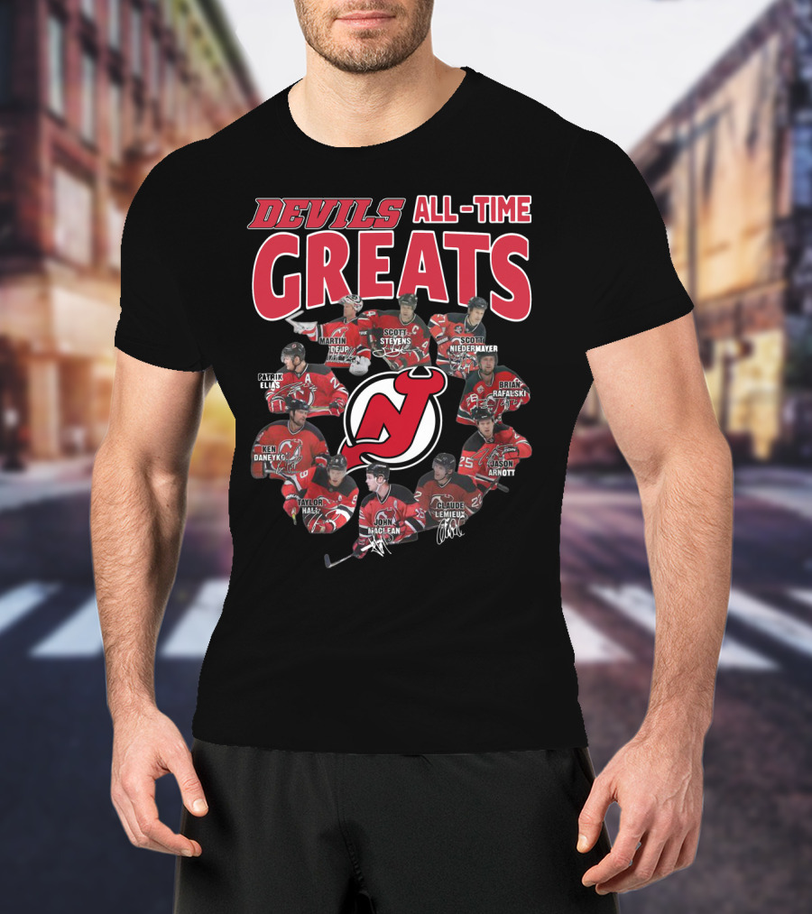 New Jersey Devils All-Time Greats Martin Brodeur Scott Stevens Scott Niedermayer Patrik Elias Ken Daneyko Brian Rafalski Taylor Hall John MacLean Claude Lemieux Jason Arnott T-Shirt