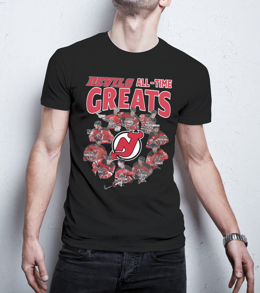 New Jersey Devils All-Time Greats Martin Brodeur Scott Stevens Scott Niedermayer Patrik Elias Ken Daneyko Brian Rafalski Taylor Hall John MacLean Claude Lemieux Jason Arnott T-Shirt