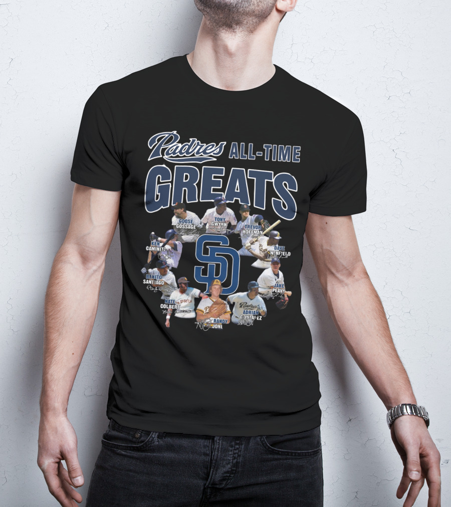 Padres All-Time Greats Goose Gossage Tony Gwynn Trevor Hoffman Dave Winfield Ken Caminiti Benito Santiago Nate Colbert Randy Jones Adrian Gonzalez Jake Peavy T-Shirt