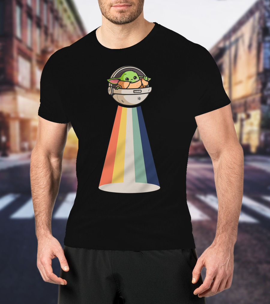 Baby Yoda Spaceship Rainbow Glow T-Shirt