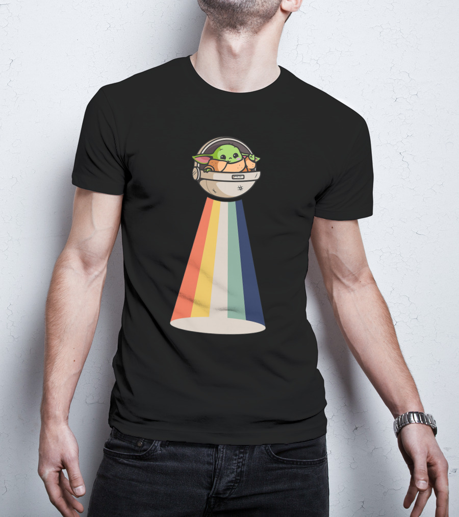 Baby Yoda Spaceship Rainbow Glow T-Shirt