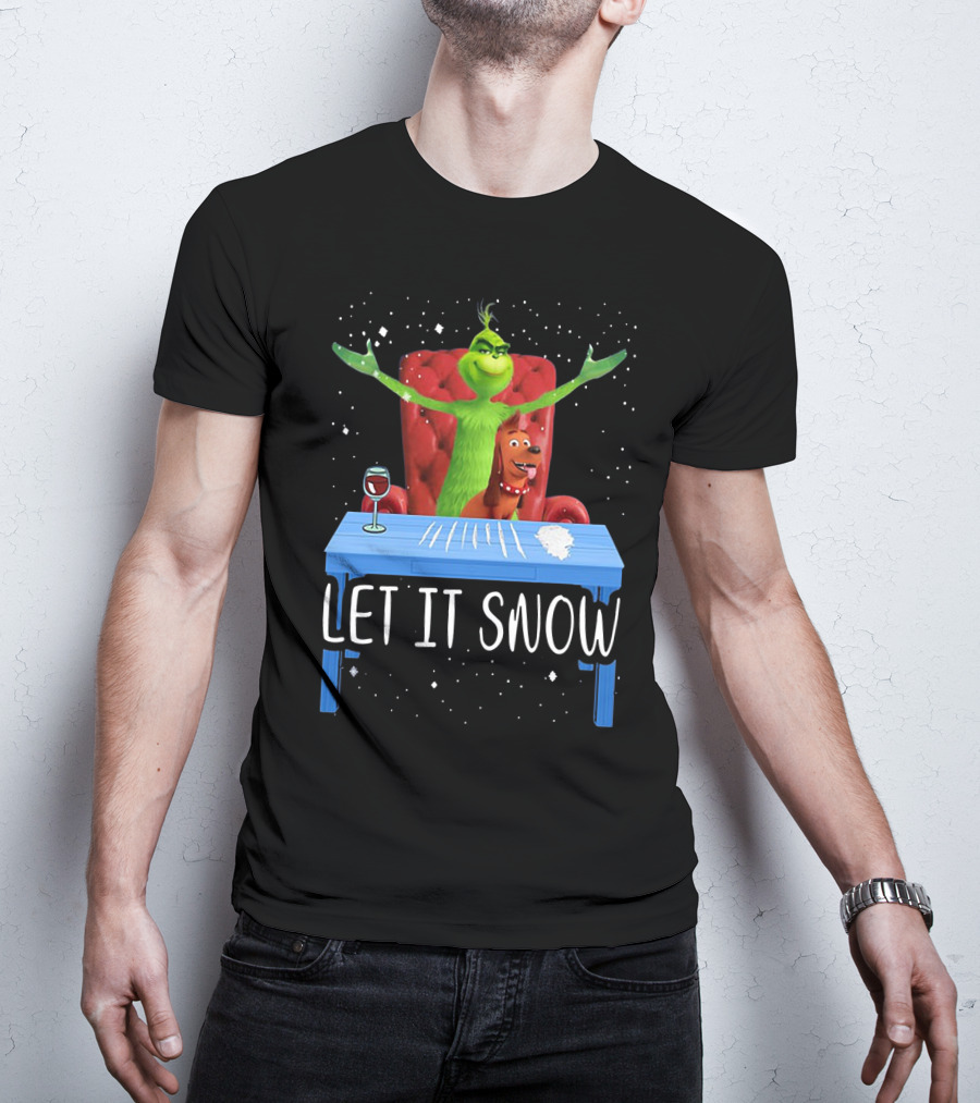 Let It Snow Grinch And Max At Table With Wine And Snowflakes T-Shirt