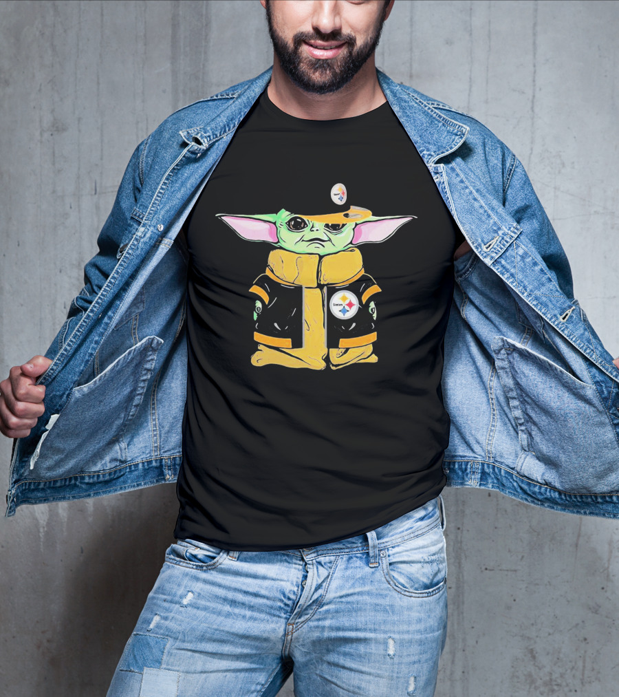 Baby Yoda Wearing Pittsburgh Steelers Hat And Jacket T-Shirt