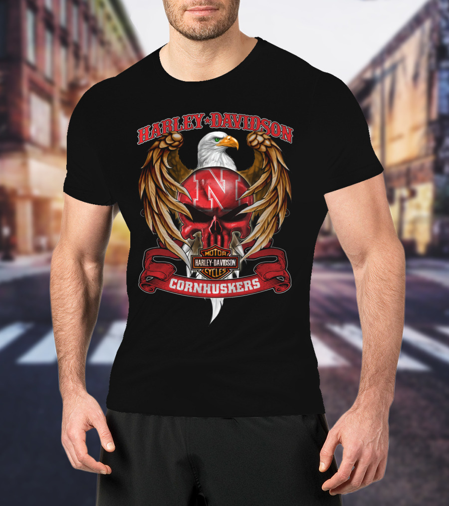 Harley Davidson Cornhuskers Nebraska N Eagle Skull Motor Cycles T-Shirt