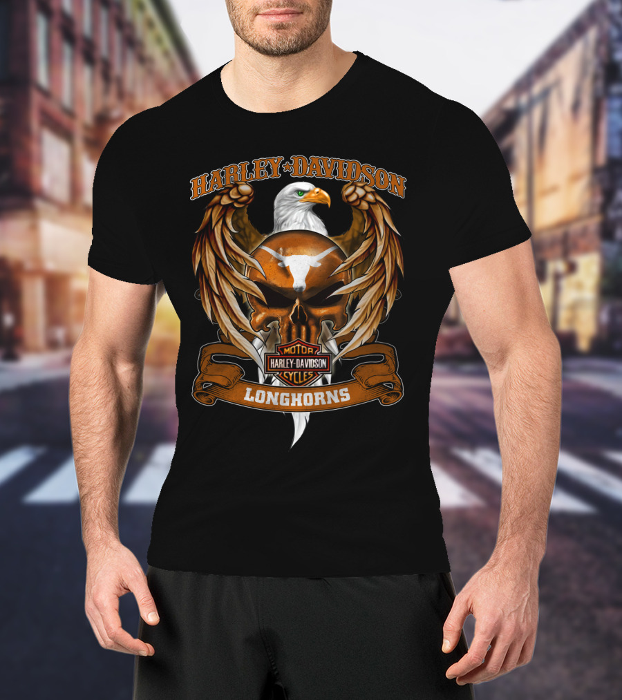 Harley Davidson Longhorns Texas Ncaa Motorcycle Eagle Skull T-Shirt