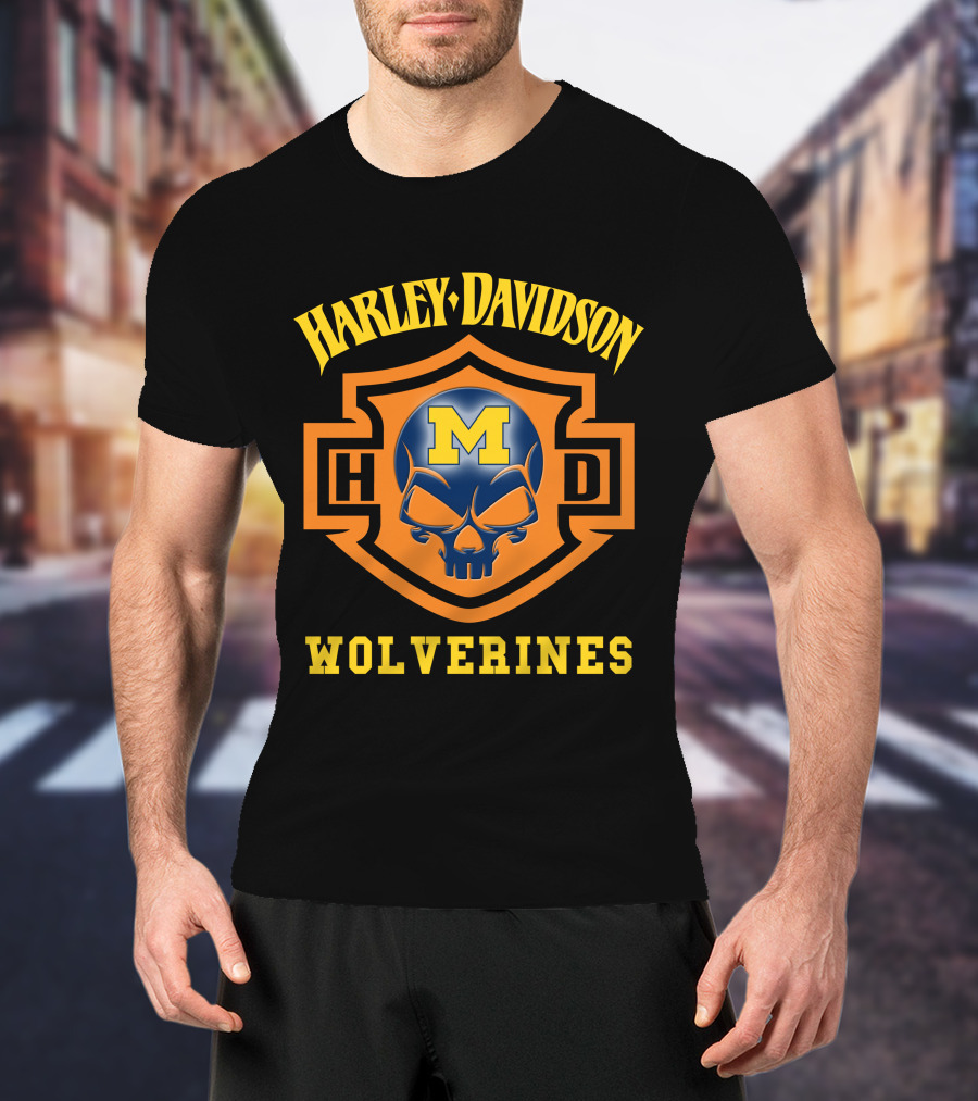 Harley Davidson Wolverines Hd Ncaa Football Skull M T-Shirt