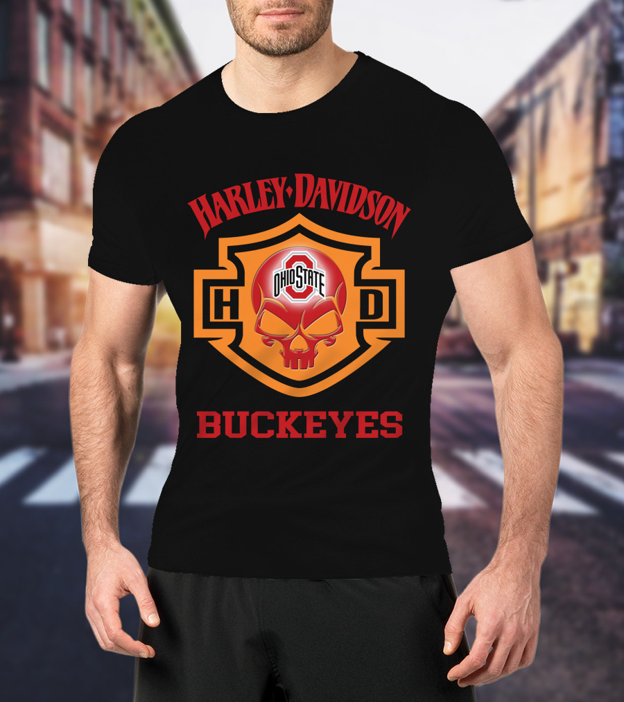 Ohio State Buckeyes Harley Davidson Fans Hd Skull T-Shirt