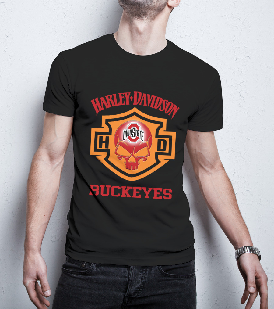 Ohio State Buckeyes Harley Davidson Fans Hd Skull T-Shirt