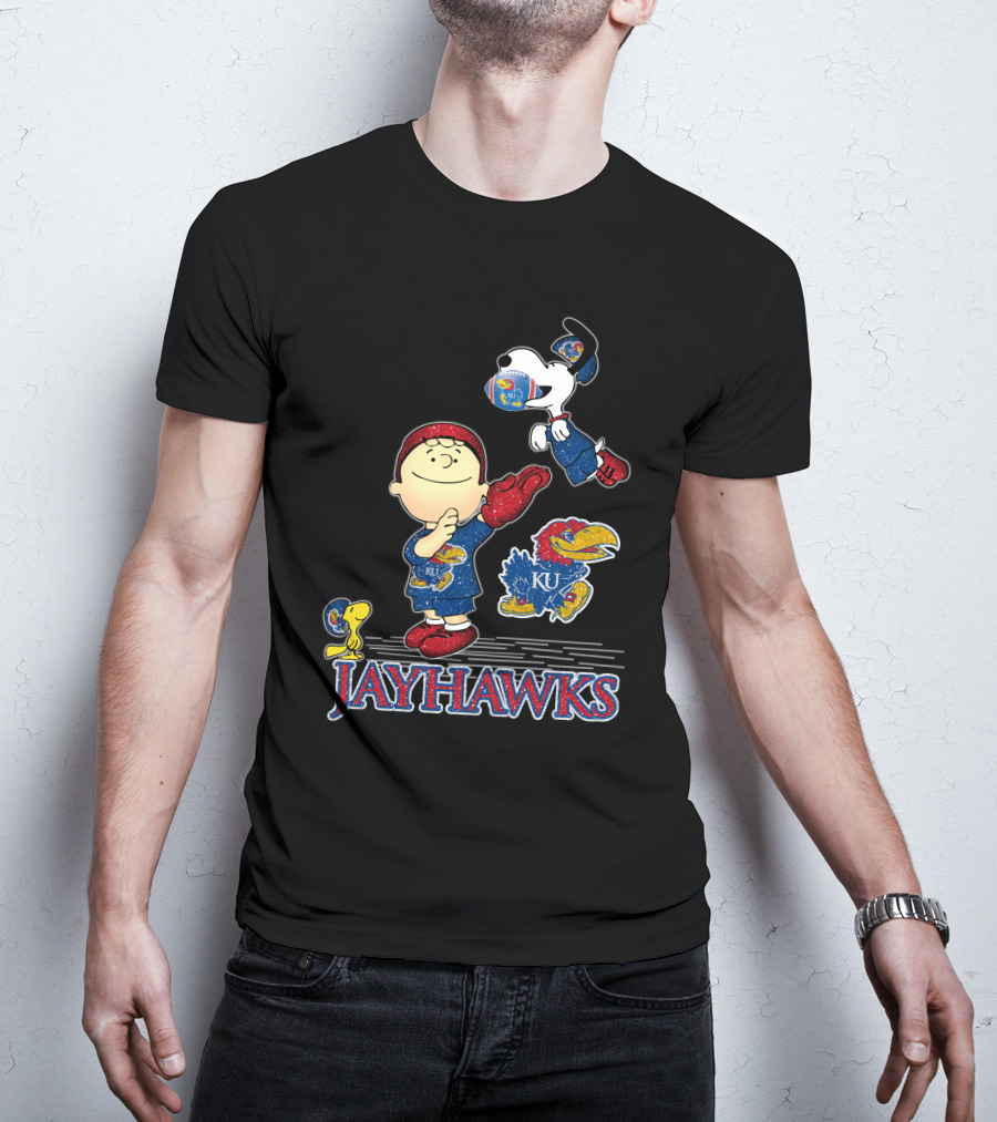Snoopy Charlie Brown Woodstock Kansas Jayhawks KU Football T-Shirt
