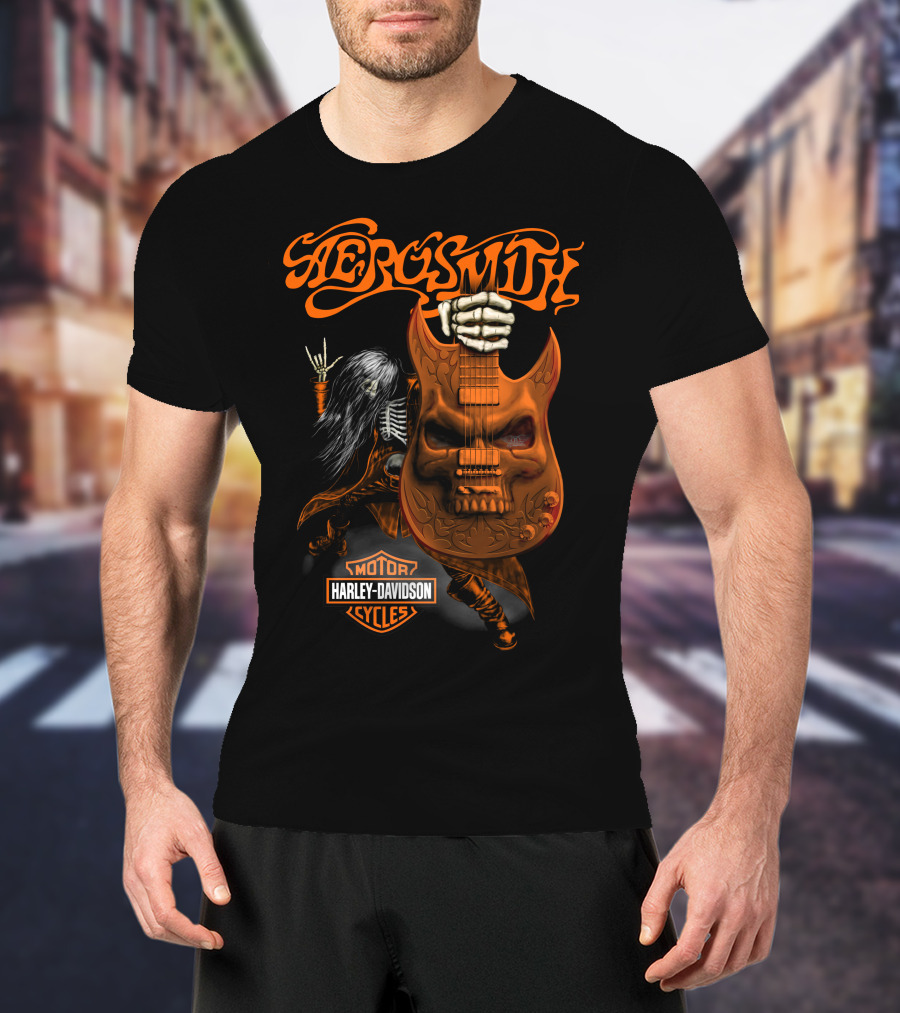 Aerosmith Harley Davidson Motor Cycles Rock Guitar Skull T-Shirt