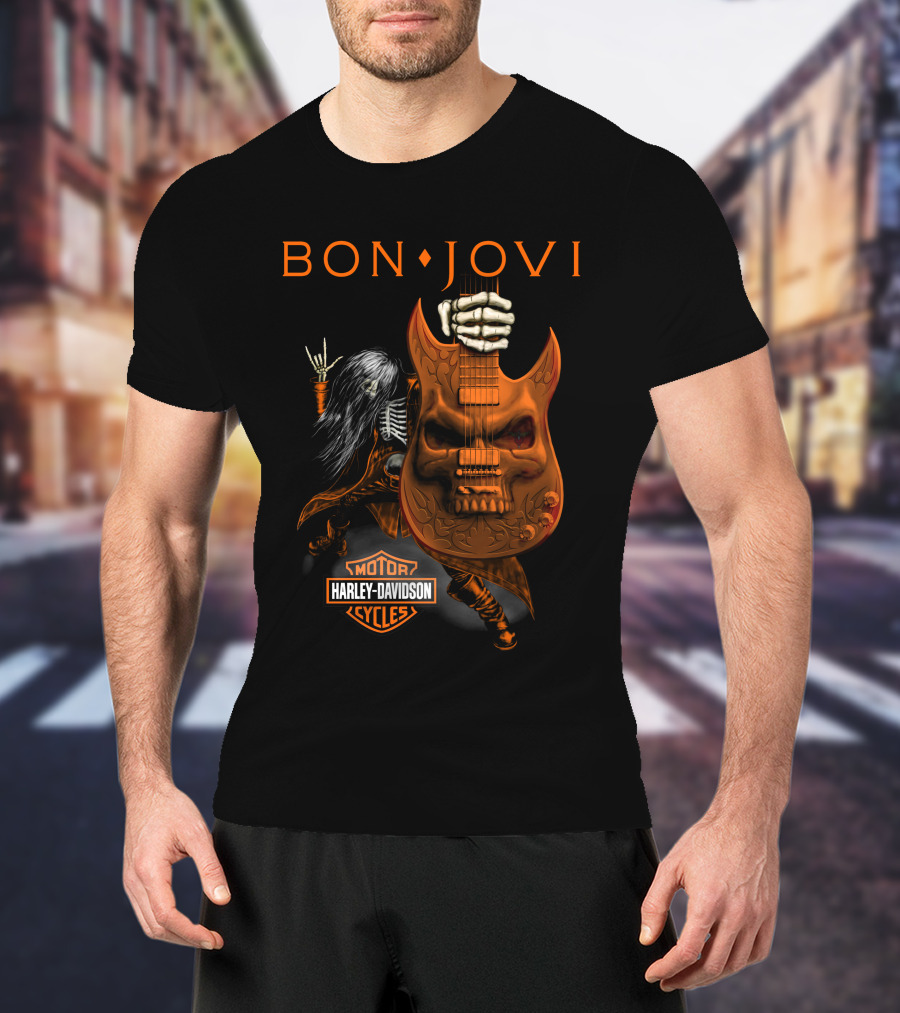Bon Jovi Harley Davidson Cycles Skeleton Guitar Rockstar T-Shirt