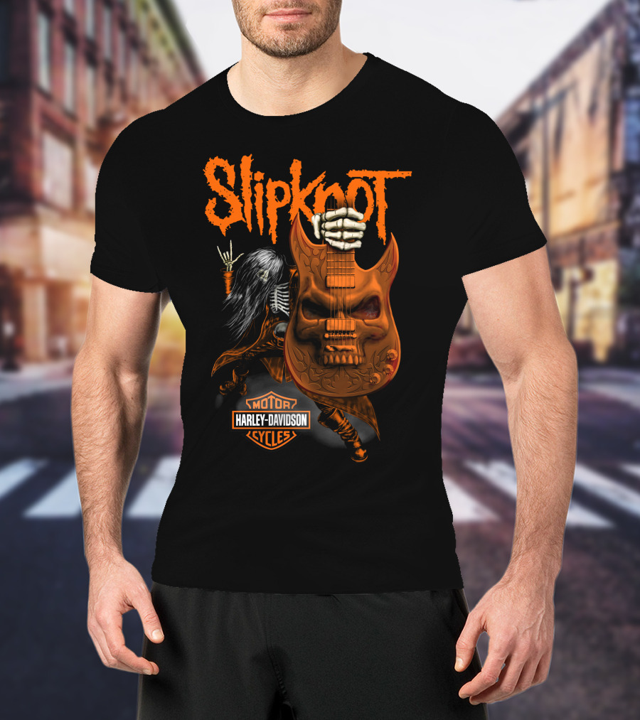 Slipknot Harley Davidson Motor Cycles Skull Guitar Skeleton Rock T-Shirt