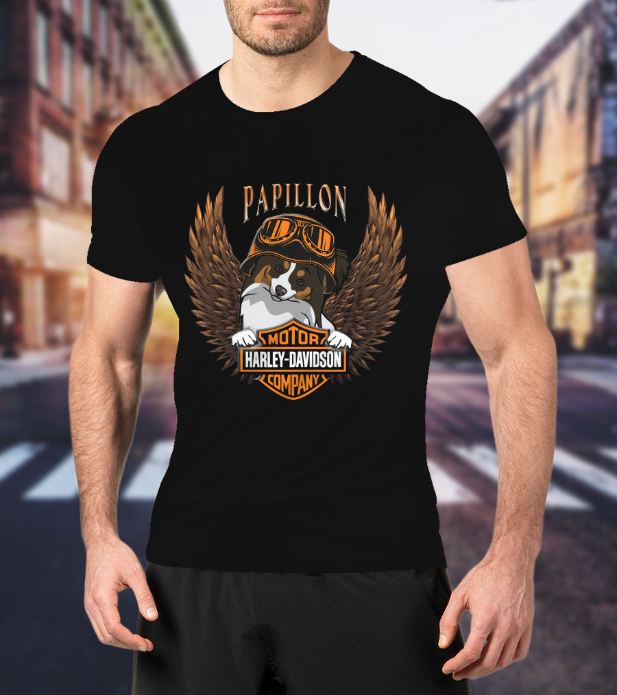 Papillon Harley Davidson Motor Company Wings Dog With Goggles T-Shirt