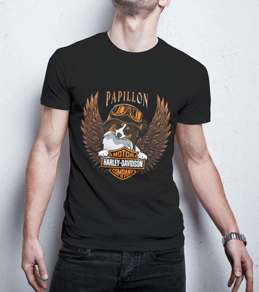 Papillon Harley Davidson Motor Company Wings Dog With Goggles T-Shirt