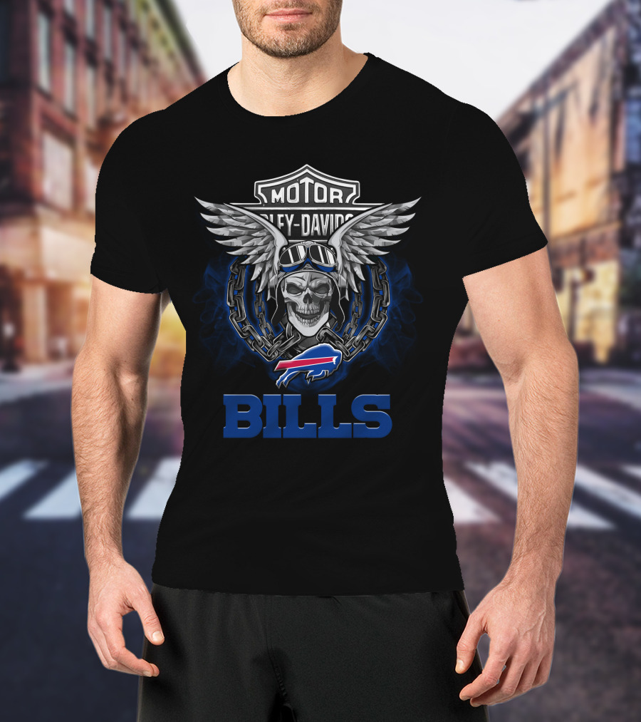 Motor Harley Davidson Buffalo Bills Nfl Football Fans Skull Wings T-Shirt
