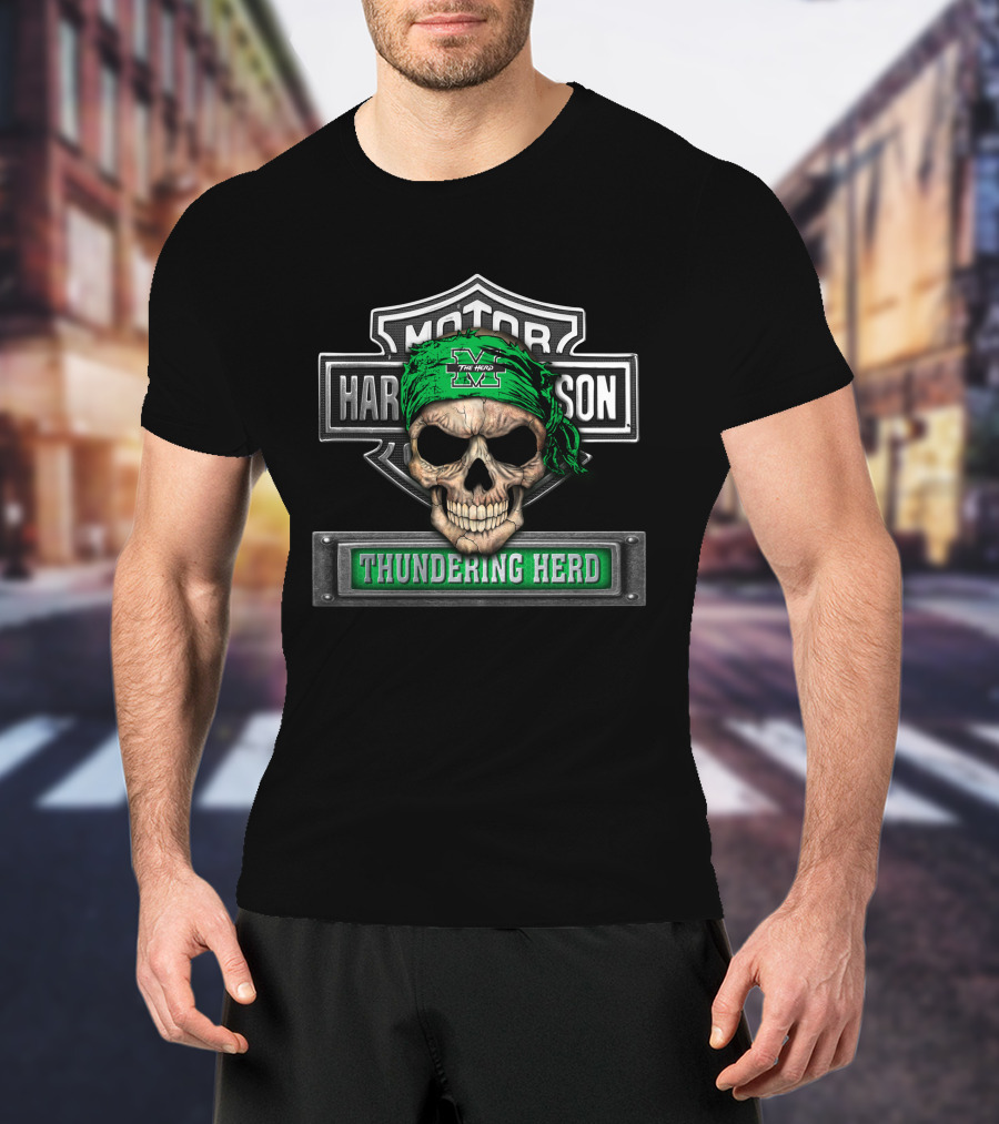 Marshall Thundering Herd Skull Harley Davidson Style Banner T-Shirt