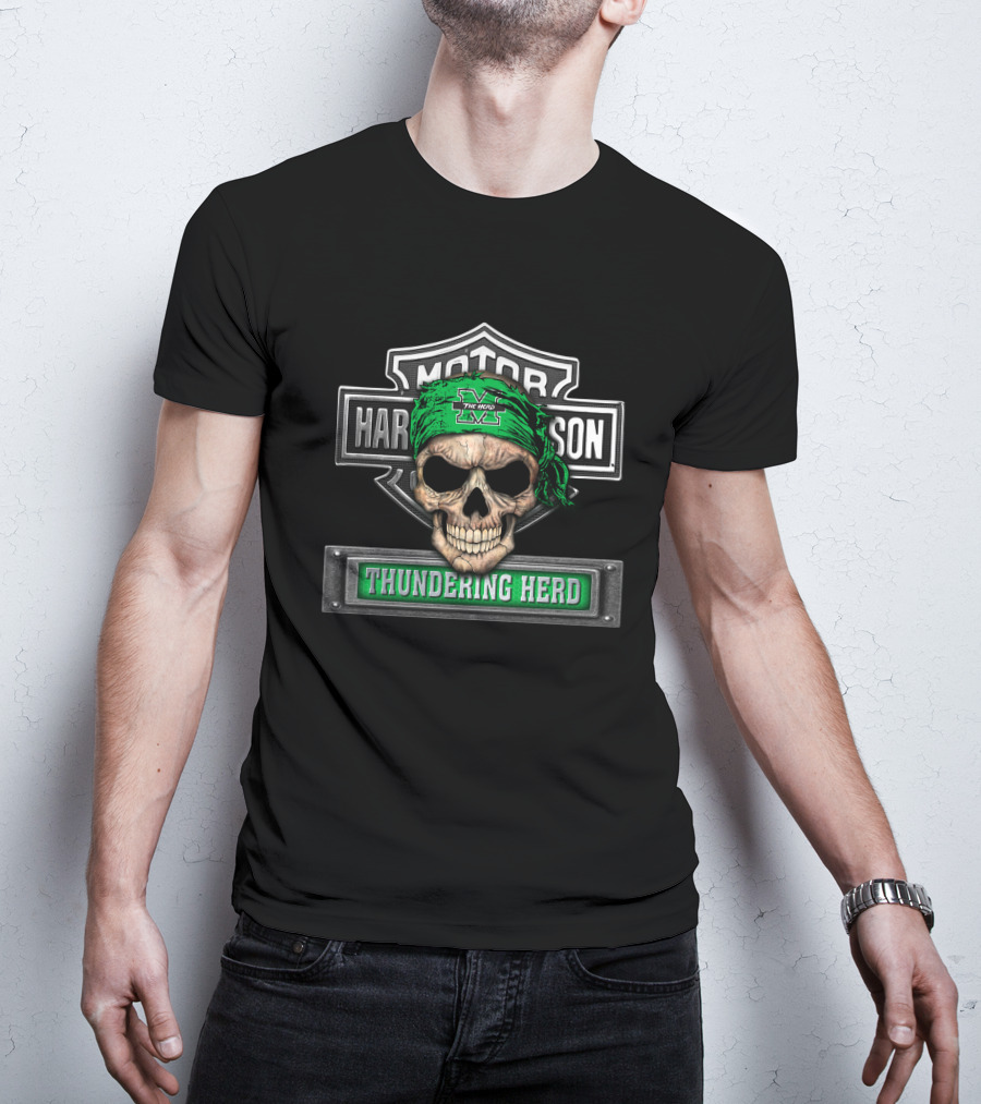 Marshall Thundering Herd Skull Harley Davidson Style Banner T-Shirt